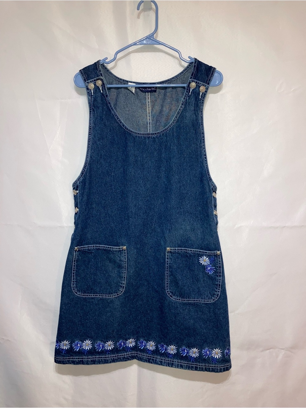 Denim Daisy Embroidered Midi Pinafore Dress - Blue - Picture 6 of 7